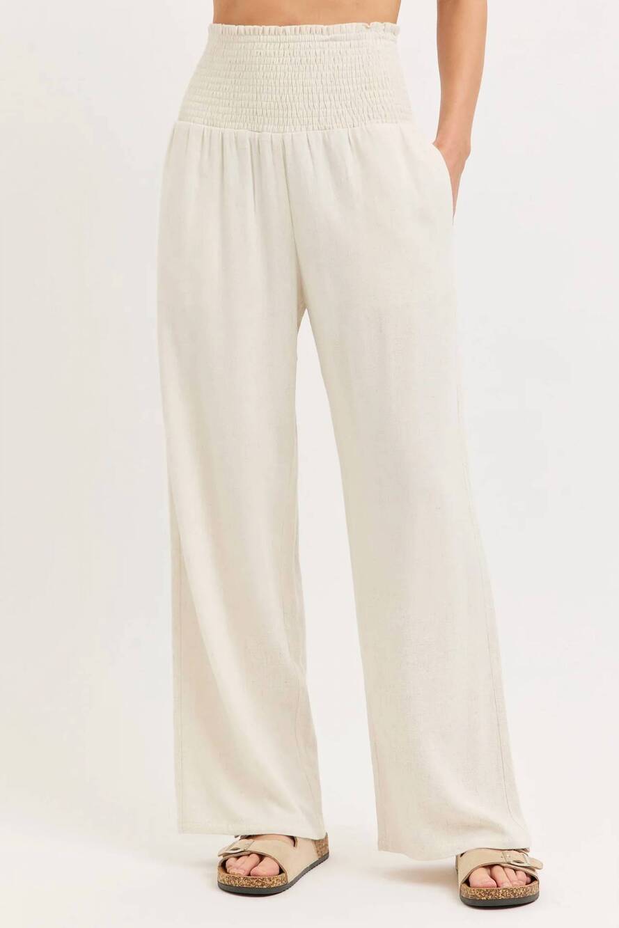 NEW SWEET LOVELY BY JEN smock waist lined blend wide leg high rise pants in beig